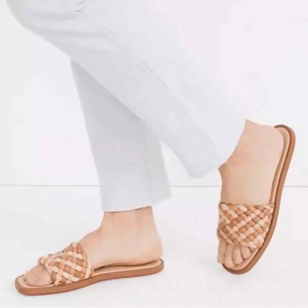 New Madewell The Suzi Slide Sandal Shoe Woven Puff Leather Square Toe Slip Flat